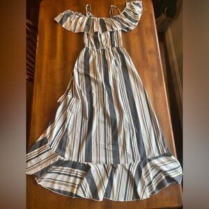 Hint of Blush Spanish Style Tan and Gray Striped Dress